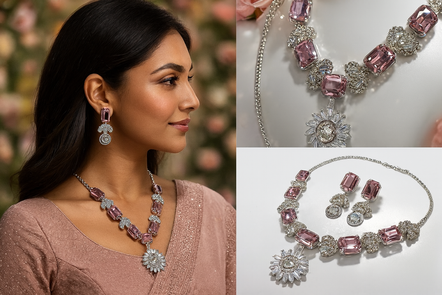 Blush Shine American Diamond Necklace & Earring Set - Image 4