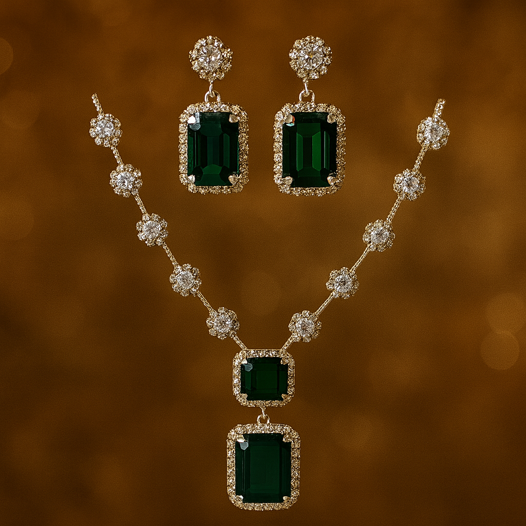 Royal Emerald Green Bridal Necklace & Earrings Set - Image 2