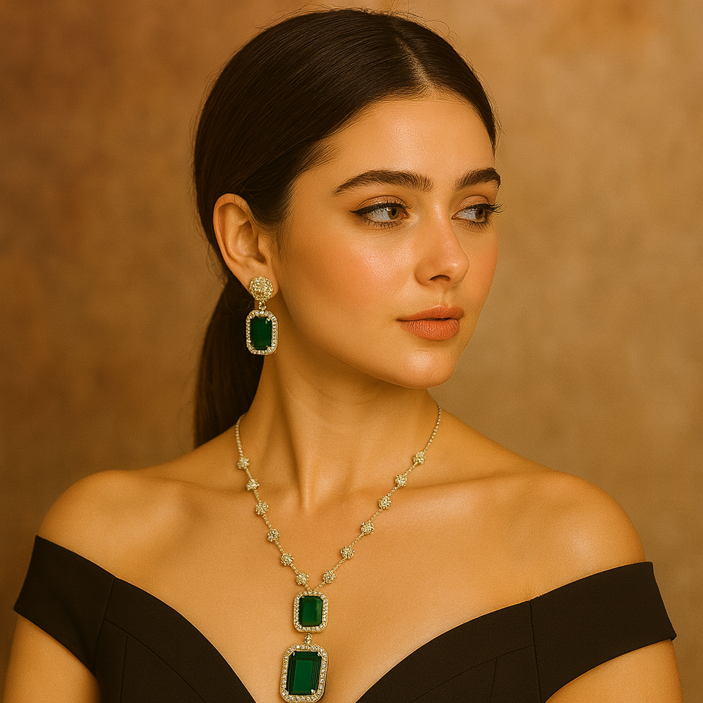 Royal Emerald Green Bridal Necklace & Earrings Set